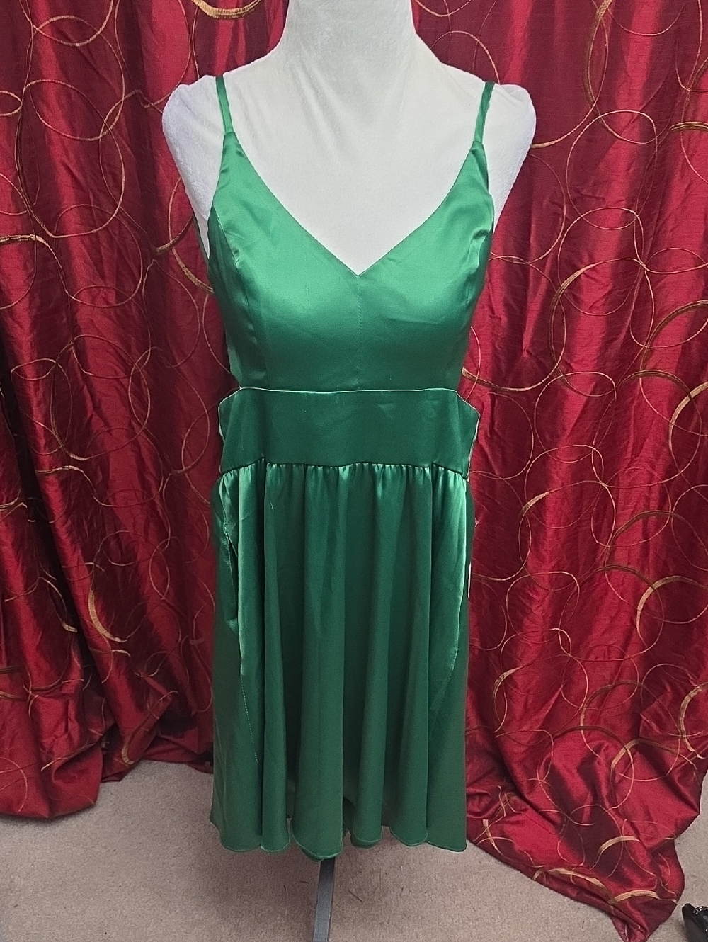 AKIRA Emerald Satin V-Neck Spaghetti Strap Mini Dress